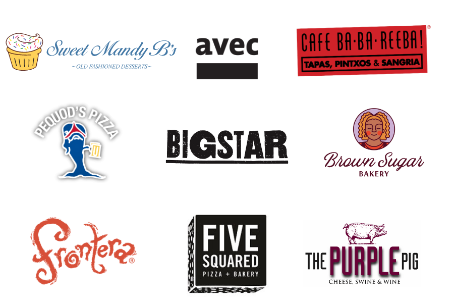 Pequod's Pizza, Frontera Grill, Cafe Ba Ba Reeba!, Sweet Mandy B's, Big Star, avec, Brown Sugar Bakery, Five Squared Pizza, The Purple Pig